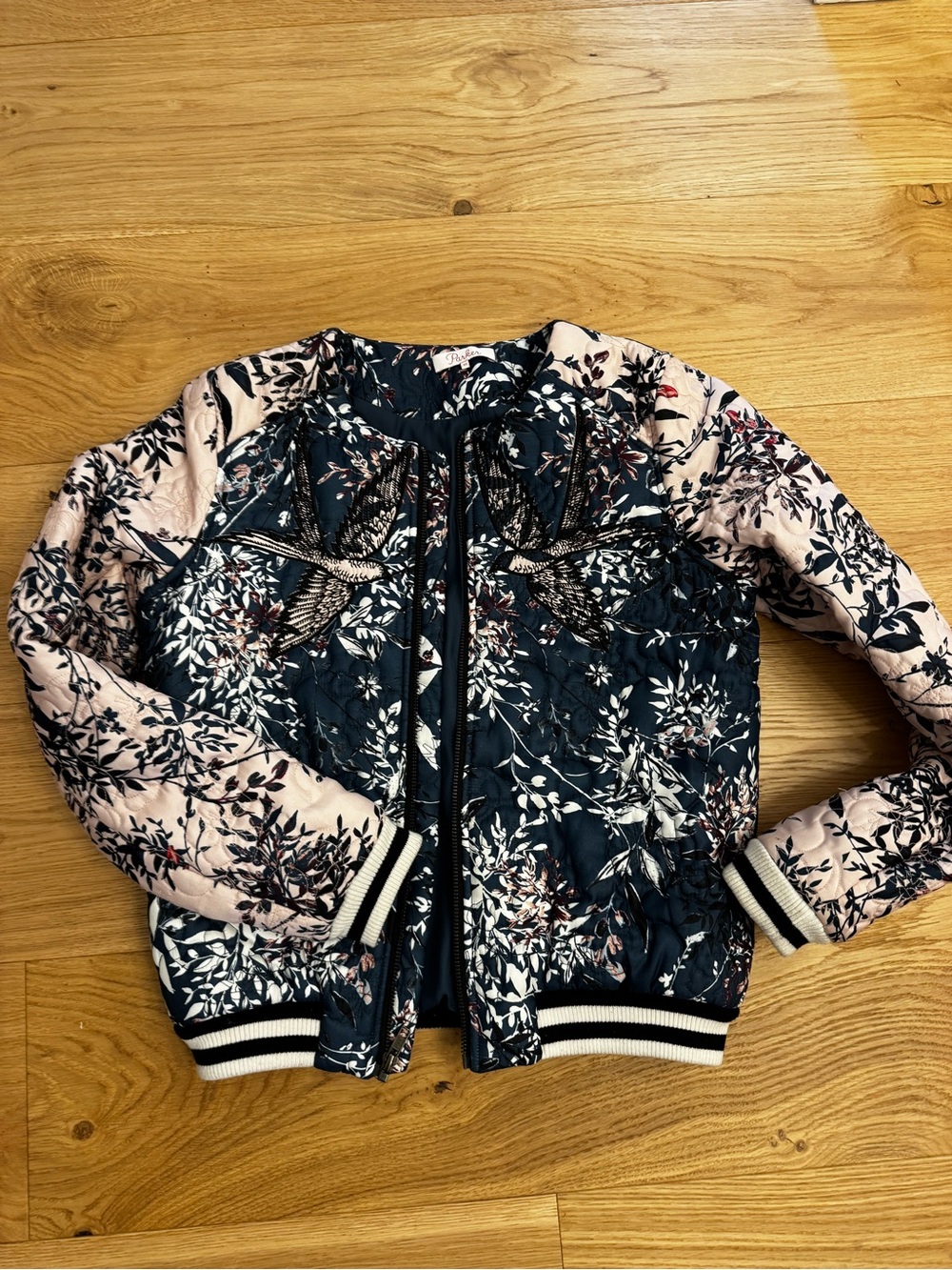 Parker Floral Embroidered Bomber Jacket - Navy & Blush XS